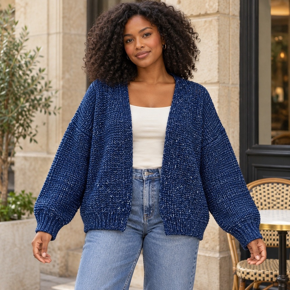 FRNCH Paris Navy Blue Marled Open Knit Oversized Cardigan Sweater Medium NWT